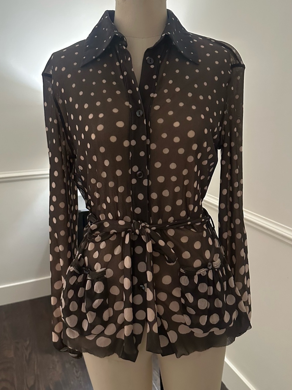 Fuzzi Polka Dot Tie-Waist Long Sleeve Blouse - military green/Pink